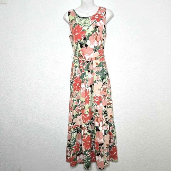 Cuddl Duds Flexwear Floral Scoop Neck Sleeveless Maxi Dress w/Sash Belt Size S - Picture 1 of 4